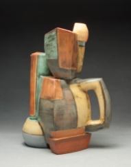 Coffee Pot Construction. 2013. 13”h x 9”w x 7”d Hand built cone 1 red clay, terra sigillata, underglaze, and glaze, electric fired.