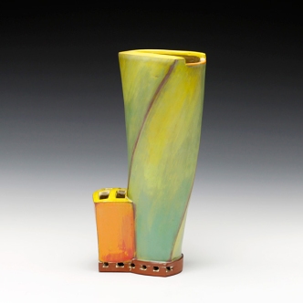 Vase. 2015. 11”h x 6”w x 4.5”d Hand built cone 3 red clay, underglaze and glaze. Electric fired. Photo by Anthony Schaller.
