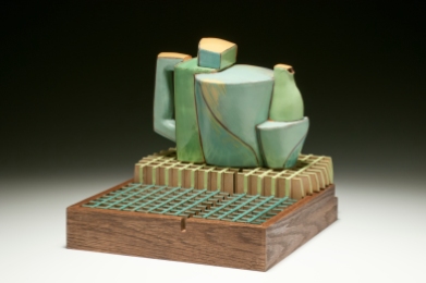 Teapot and Platform. 2015. 10”h x 12”w x 12”d Hand built cone 3 red clay, terra sigillata and glaze. Electric fired. Laser cut and assembled oak, oil paint.