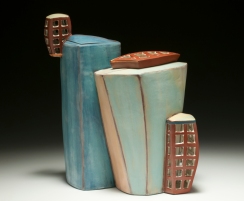 Intersecting Container. 2015. 13”h x 13”w x 7”d Hand built cone 3 red clay, terra sigillata and glaze. Electric fired. Photo by Charlie Cummings.